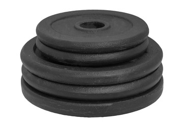 stack of different sizes dumbbell discs isolated on white background