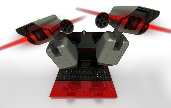 Spy cam che osservano da un laptop, concetto di privacy, illustrazione 3d