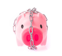 Piggy bank style money box chained together isolated on white background, concep financial stability