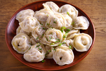 Dumplings, filled with meat, ravioli, pelmeni. Dumplings with filling. horizontal