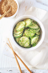 Vegetarian cuisine. Asian cucumber salad, sesame dressing