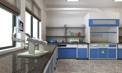 Interno architettonico, laboratorio di analisi biochimiche con attrezzature senza persone, illustrazione 3d