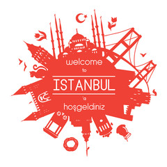 Welcome to Istanbul, Turkey. Vector illustration of famous turkish attractions. Red silhouette in the circle composition isolated on white background with round frame for greeting text or message. - V - obrazy, fototapety, plakaty