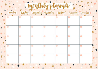 Cute monthly planner for 2019 year on pastel background with stars. A4 print ready open date calendar design. Template vector illustration.
