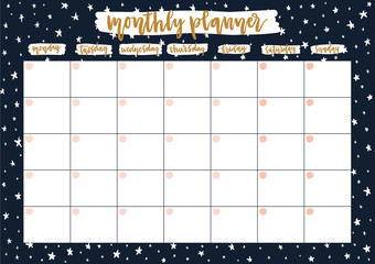 Cute monthly planner for 2019 year on space background with stars. A4 print ready open date calendar design. Template vector illustration.