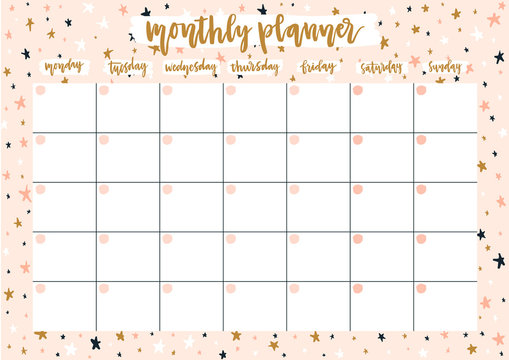 Cute monthly planner for 2019 year on pastel background with stars. A4 print ready open date calendar design. Template vector illustration.