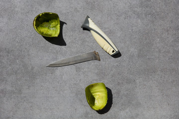 Broken knife and shell of avocado