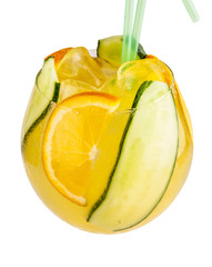 Fototapeta na wymiar Round glasses with citrus lemonade on white background