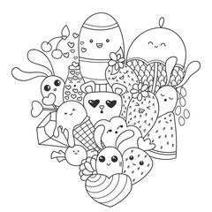 Vector doodle art with ice cream, sweets and kawaii characters. Valentines Day pattern for coloring book or design print. Easy to change color.