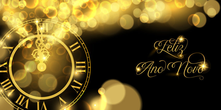 2019 New Years eve gold clock banner in portuguese