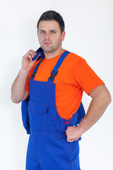 Engineer on white background wearing protective vest
