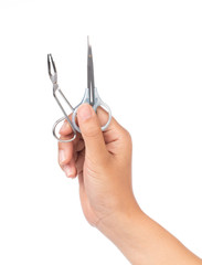 hand holding Tools of a manicure set  isolated on white background