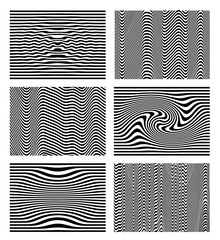 Set of black and white wave stripe optical abstract. Design background. Curved lines. Vector illustration. Isolated on white background.