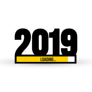 Doodle with 2019 loading. New year download screen. Progress bar almost reaching new year's eve. Vector illustration. Isolated on white background.