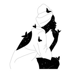 portrait of a beautiful young woman, cosmic illustration, symbolism, mysticism, space inside, philosophical art, sketch of the face of a pretty girl