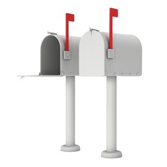 Mailbox with open door and raised flag. 3d render illustration isolated on white background.