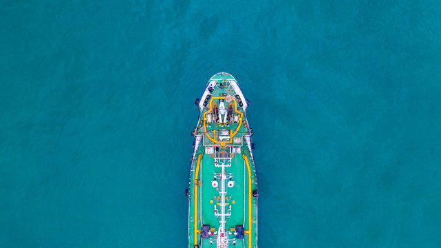 Aerial view tanker ship, Tanker ship carrying oil and gas in the sea support freight transportation import export business logistic.