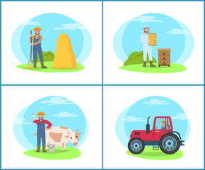Farming People at Lands Set Vector Illustration