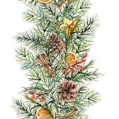 Watercolor seamless winter bouquet with decor. Hand painted fir branch with pine cones, berries, stars and cinnamon sticks isolated on white background. Christmas floral illustration for design, print
