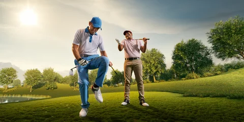 Poster Male golf players on professional golf course. Happy player emotionally rejoices victory. Angry opponent sad about losing and broke his golf club on knee © Alex