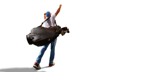 Male golf player on white background. Isolated golfer walking with golf bag. Back view