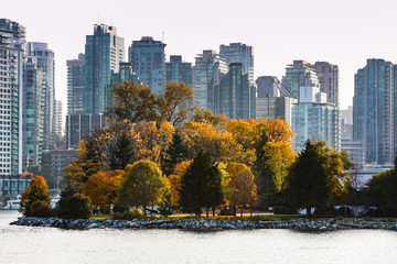 Obraz premium miasto drapacze chmur z jesiennym parkiem i jeziorem na pierwszym planie