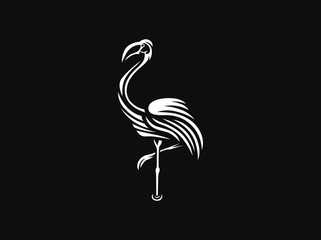 Flamingo logo. Engraving vector illustration. Emblem design on black background