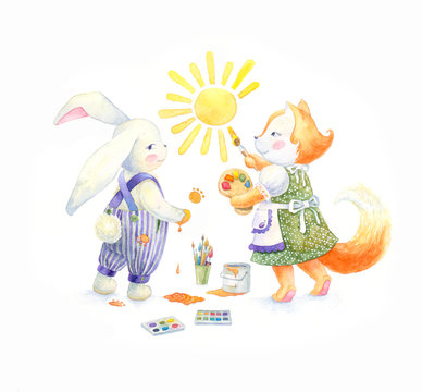 Rabbit and fox paint the sun on the wall. Watercolor painting for decorating cards, invitations, stickers and posters for the children's room.