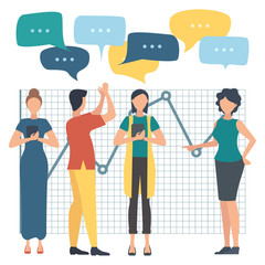 Business concept. Organization staff analyzing information. Training in sales skills. A team of staff discusses analytics. Vector illustration.