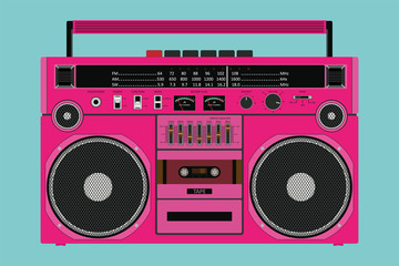 Vector old pink color tape recorder for pushing music with two speakers isolated on white background.