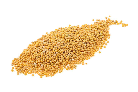 Heap of mustard seeds isolated on white background