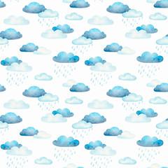 Seamless pattern. The sky with clouds, clouds and rain. Watercolor painting for decorating cards, invitations, stickers, posters for a children's room, textiles and wallpaper.