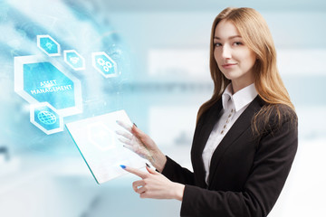 The concept of business, technology, the Internet and the network. A young entrepreneur working on a virtual screen of the future and sees the inscription: Asset management