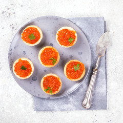 Holidays composition. Red Salmon Caviar in tartlet on a plate. Festive Appetizer  on  gray background.Copy space for Text.