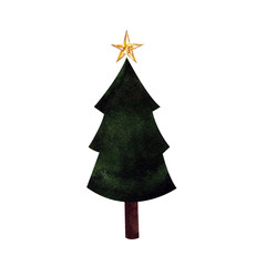 Christmas tree on white background. Watercolor illustration. Hand drawn