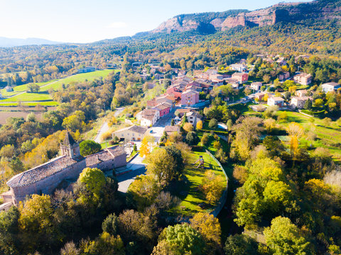Aerial view of houses and nature of  Catalan village Vilanova de Sau
