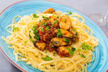 Italian seafood pasta with shrimps and mussels