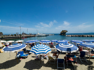 Lacco Ameno, Corso Angelo Rizzoli, beach in Fungo island, Ischia island, Naples, Gulf of Naples,...
