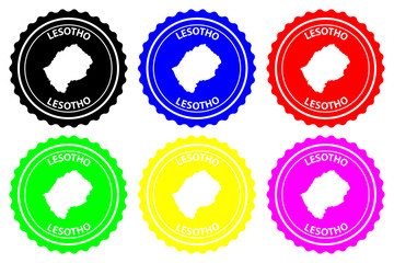 Obraz premium Lesotho - rubber stamp - vector, Kingdom of Lesotho map pattern - sticker - black, blue, green, yellow, purple and red