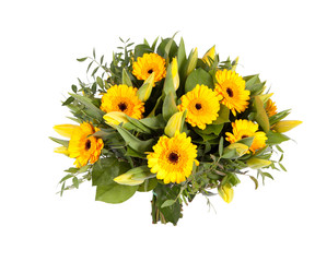 Bouquet of bright yellow fowers on a white background