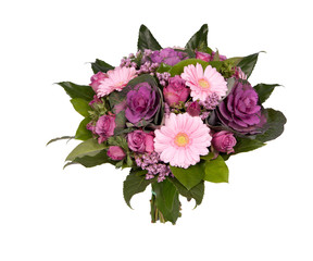 Bouquet of different purple flowers on a white background
