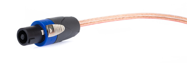 Plug speakon with speaker cable isolated on a white background.