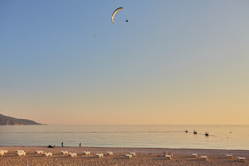 Sun beds along the shores of the Mediterranean Sea, Oludeniz