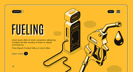 Vector 3d isometric site template with fueling, gas station. Oil pistol with nozzle on hose on yellow background. Drop of ethanol in black line art. Petroleum company landing page, internet portal. - obrazy, fototapety, plakaty