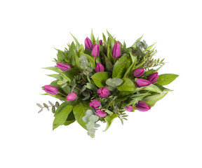 Bouquet of different purple tulips on a white background