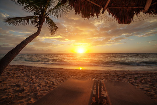 Sunrise over the ocean in Cancun. Mexico