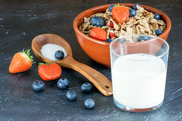 Toasted, sugar coated flakes with fruits and milk.