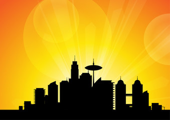 Vector : Silhouettes of buildings with sunset background