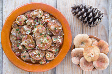 Saffron milk cap mushrooms on clay pots