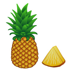 Yellow-orange pineapple with green leaves and a piece of pineapple isolated on white background.